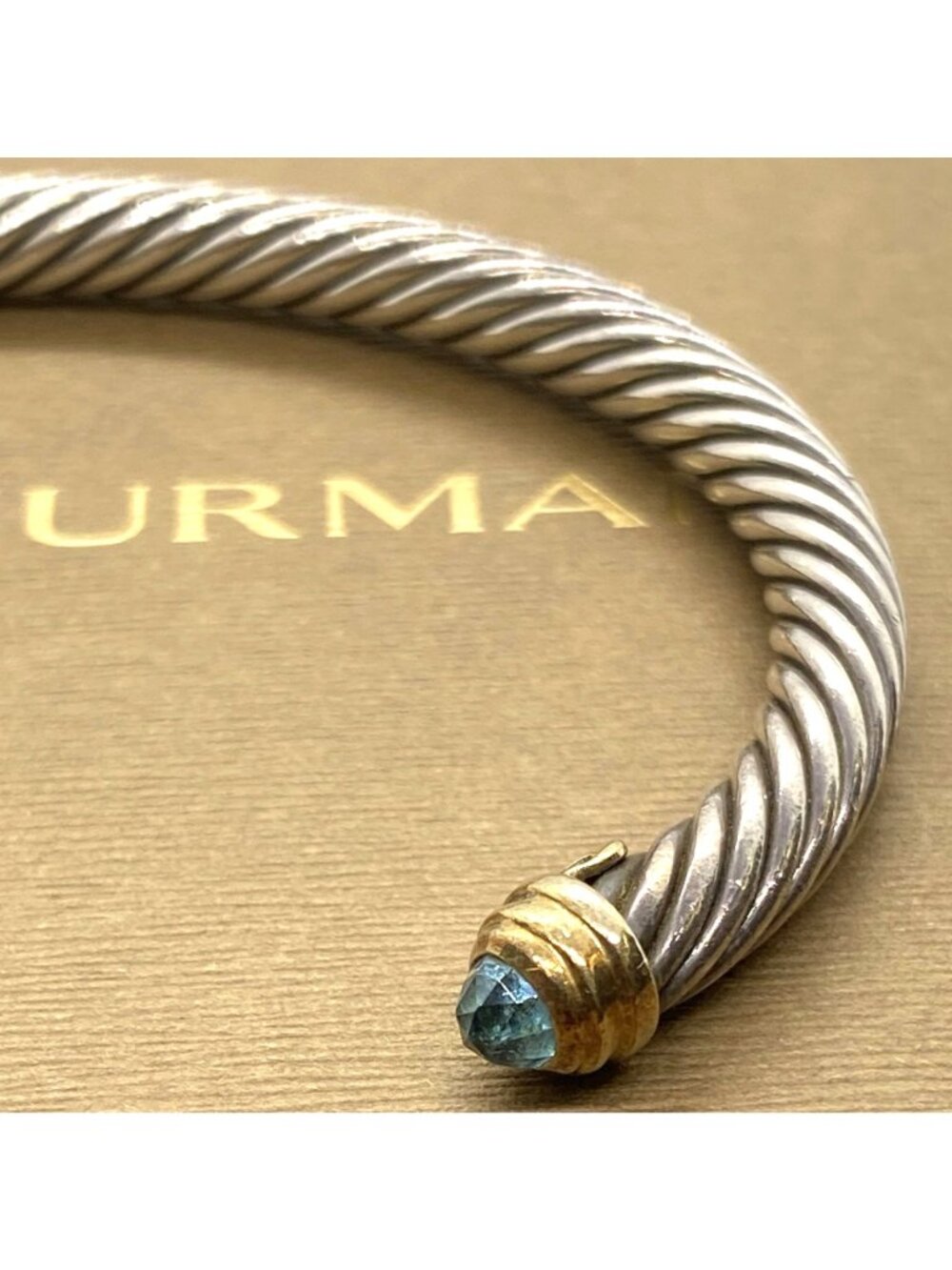 David Yurman Sterling Silver 925 Gold 5mm Cable Cuff Bracelet Blue Stone - Picture 4 of 16